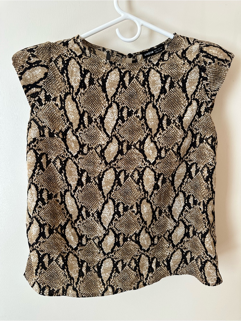 SHEIN Beige and Black Snake Print Cap Sleeve Blouse
